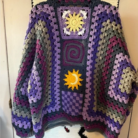 Colorful Crochet Patchwork Sweater celestial sun moon cardigan - Picture 1 of 5